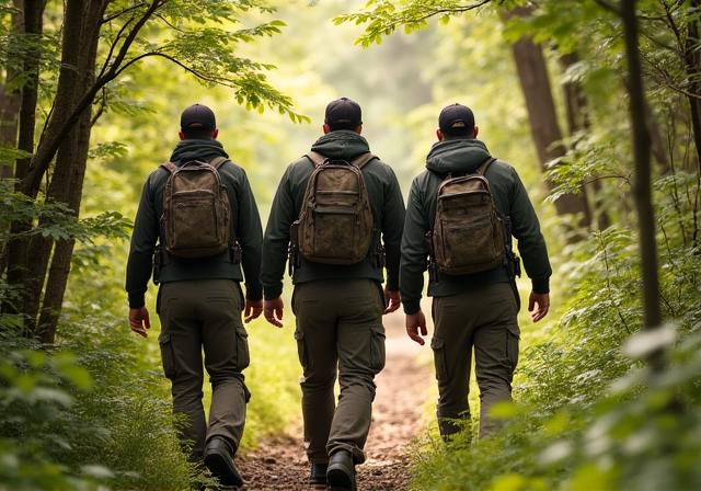 Team of hunters with expert guide in a forest setting